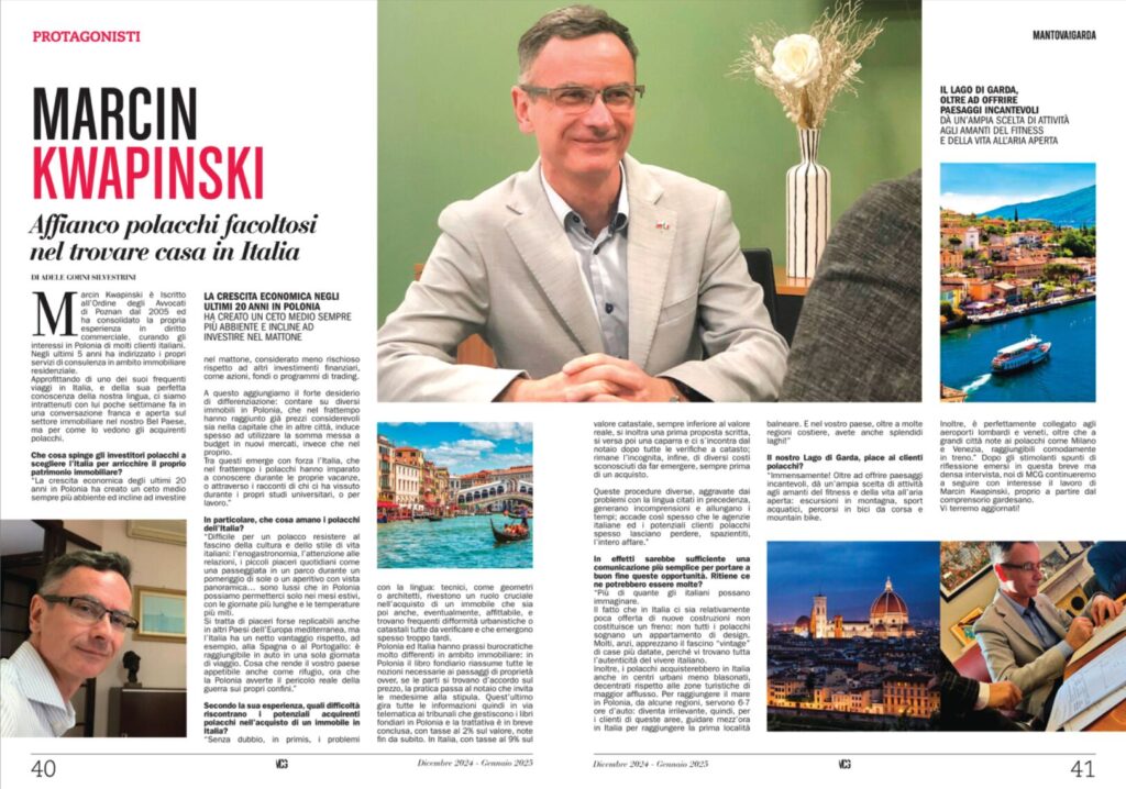 Marcin Kwapiński wywiad MCG Magazine zakup nieruchomości Włochy